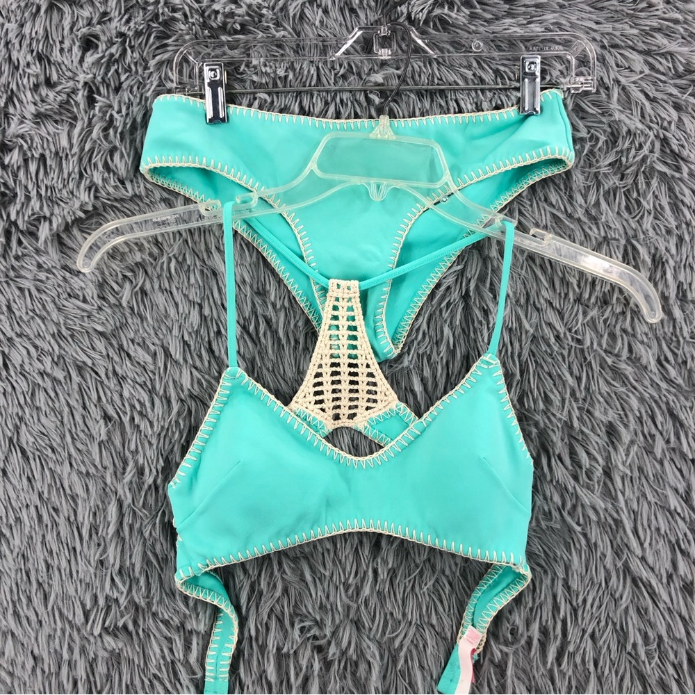 Victorias Secret Bikini Womens Size Small Zig Zag Stitching Teal Set Halter